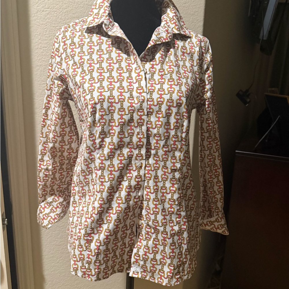 Talbots Chain Print Blouse - Pink, Gold, White
